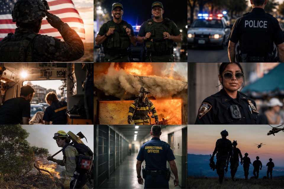 A collage honoring military members, law enforcement officers, firefighters, emergency medical personnel, corrections officers, and other uniformed service members